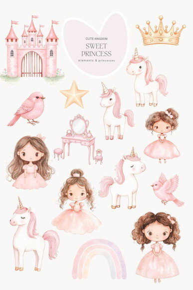 Kit Digital Princesa e Unicórnios Rosa Aquarela #21 Png