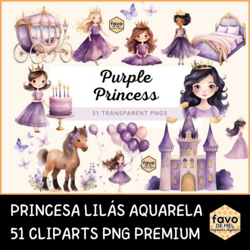 Kit Digital Princesa Lilás Aquarela - Purple Princess (ld)