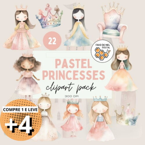 Kit Digital Princesa Rosa Aquarela - Pastel Princesses