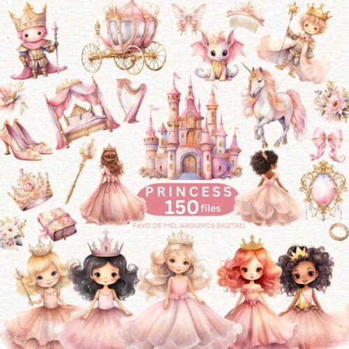 Kit Digital Princesa Rosa Aquarela - Reino Encantado #17