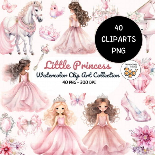 Kit Digital Princesa Rosa Aquarela Premium - Little Princess