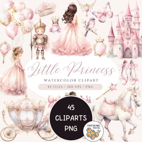 Kit Digital Princesa Rosa Aquarela Premium - Little Princess
