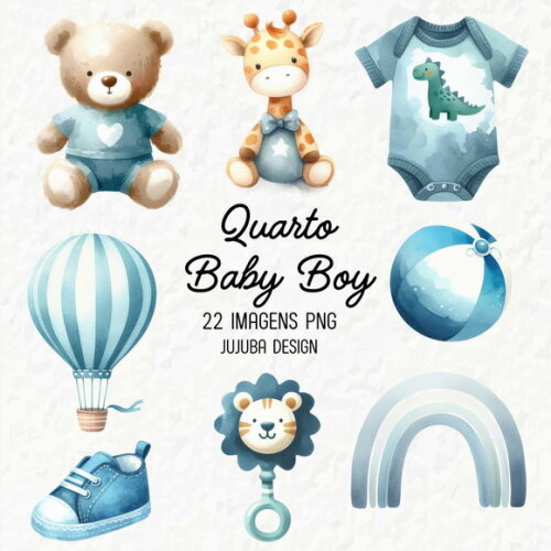 Kit Digital Quarto Baby Boy Chá de Bebê Menino Aquarela Png