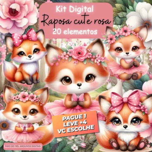 Kit Digital Raposinha Rosa Aquarela Png (pague 1 Leve +4)