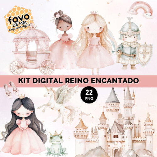 Kit Digital Reino Encantado Aquarela - Princesa Rosa (paa)