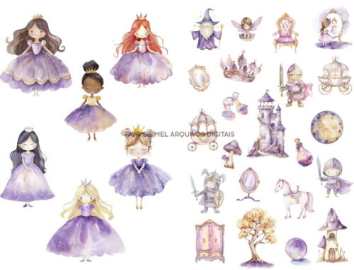 Kit Digital Reino Encantado Aquarela - Princesa Lilás
