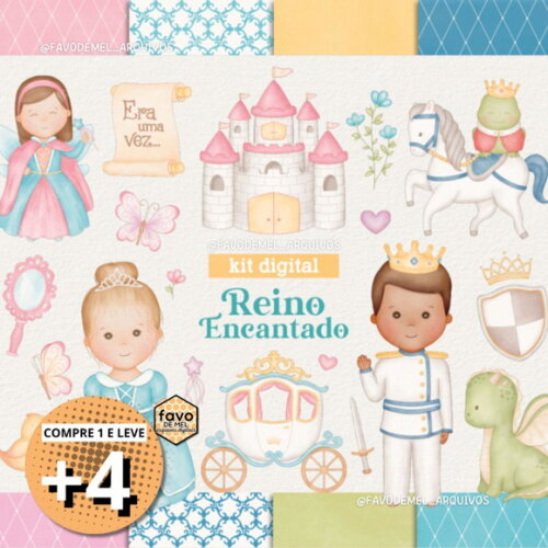 Kit Digital Reino Encantado Aquarela - Príncipe e Princesa