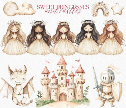 Kit Digital Reino Encantado Aquarela #7 Princesas Boho Png