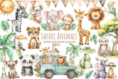 Kit Digital Safari 30 Aquarela Safari Animals (as)