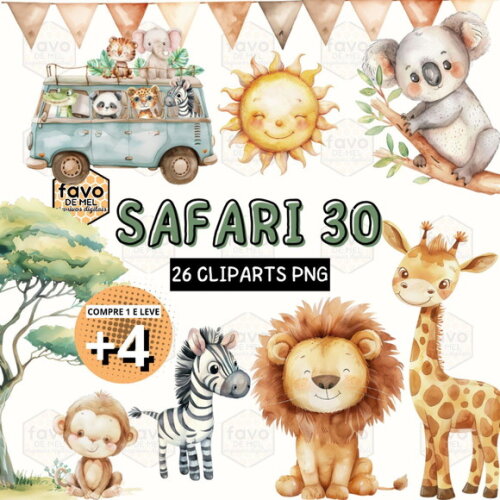 Kit Digital Safari 30 Aquarela Safari Animals (as)