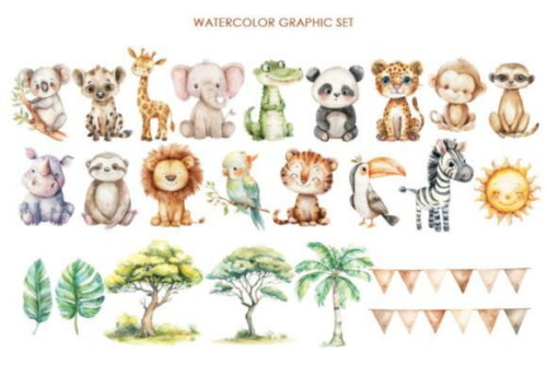 Kit Digital Safari 30 Aquarela Safari Animals (as)