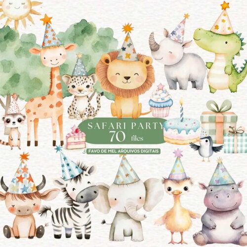 Kit Digital Safari Aniversário Animais Aquarela #42 Png