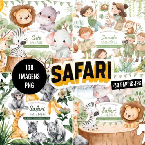Kit Digital Safari Aquarela - Combo 4 Kits 108 Png + Papéis