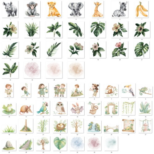 Kit Digital Safari Aquarela - Combo 4 Kits 108 Png + Papéis