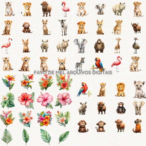 Kit Digital Safari Aquarela #41 Animais Selva Png Premium
