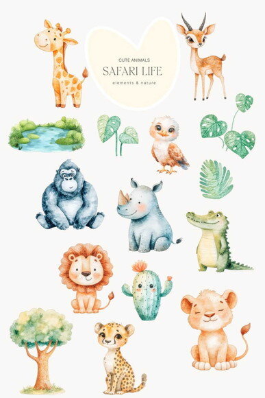 Kit Digital Safari Aquarela #43 Animais Selva Png Premium