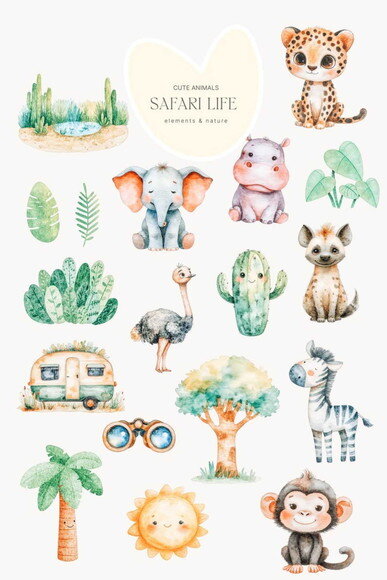 Kit Digital Safari Aquarela #43 Animais Selva Png Premium