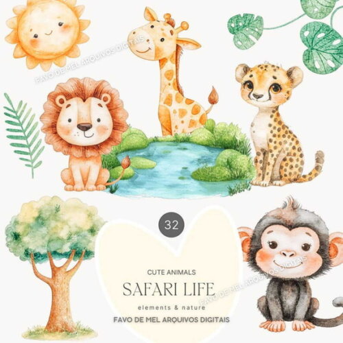 Kit Digital Safari Aquarela #43 Animais Selva Png Premium