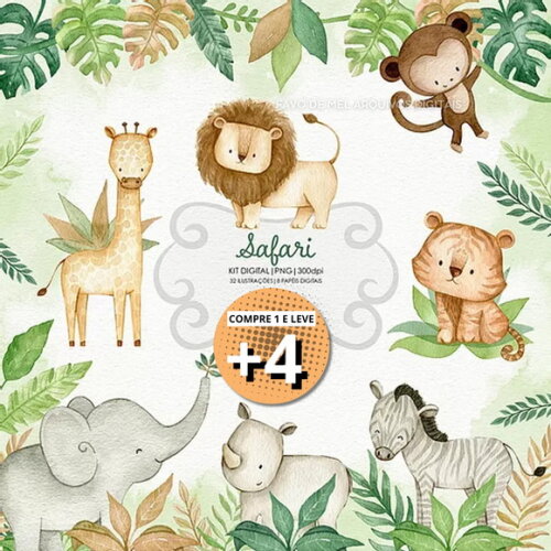 Kit Digital Safari Aquarela #45 (pague 1 Leve +4) Png Jpg