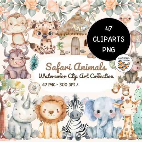 Kit Digital Safari Aquarela Premium - Safari Animals Cc