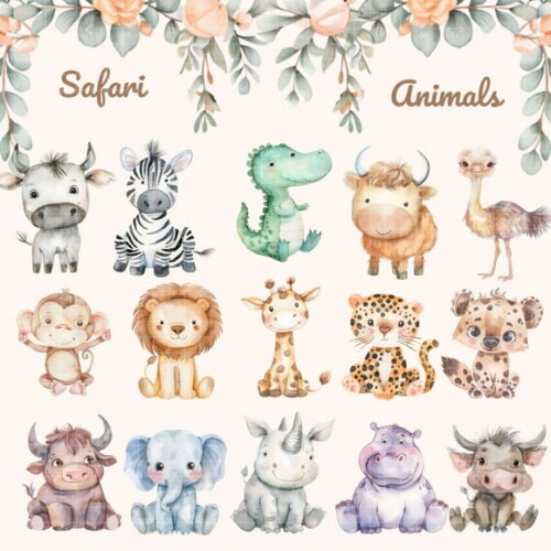 Kit Digital Safari Aquarela Premium - Safari Animals Cc