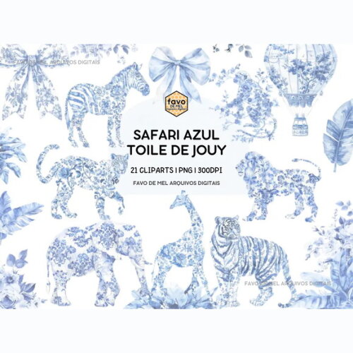 Kit Digital Safari Azul Toile de Jouy - Chá de Bebê 21 Png