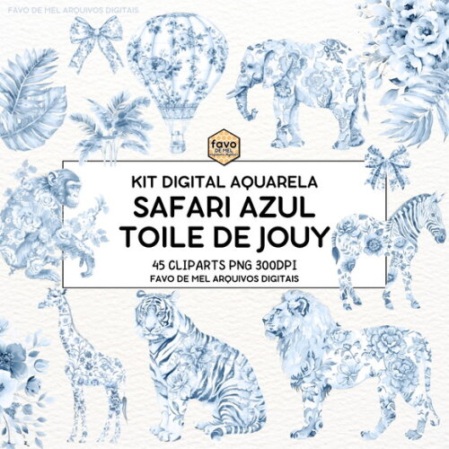 Kit Digital Safari Azul Toile de Jouy -escolha o Tom de Azul