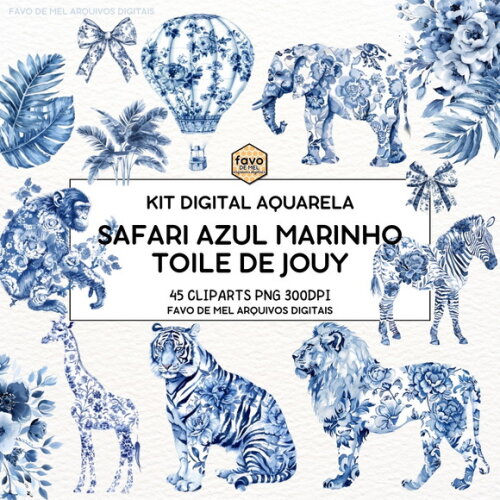Kit Digital Safari Azul Toile de Jouy -escolha o Tom de Azul
