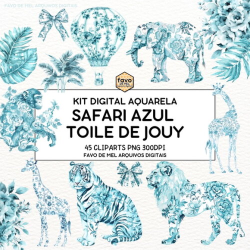 Kit Digital Safari Azul Toile de Jouy Bebê Minimalista
