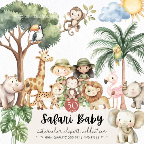 Kit Digital Safari Baby Aquarela #12 Png Premium