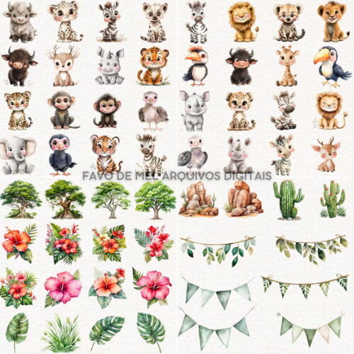 Kit Digital Safari Baby Aquarela 11 Png Premium