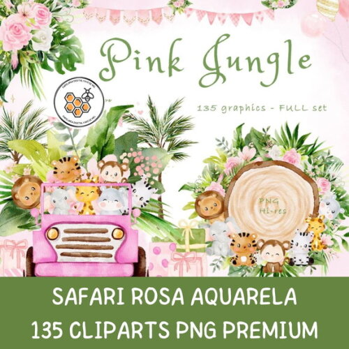 Kit Digital Safari Pink Aquarela Premium - Pink Jungle