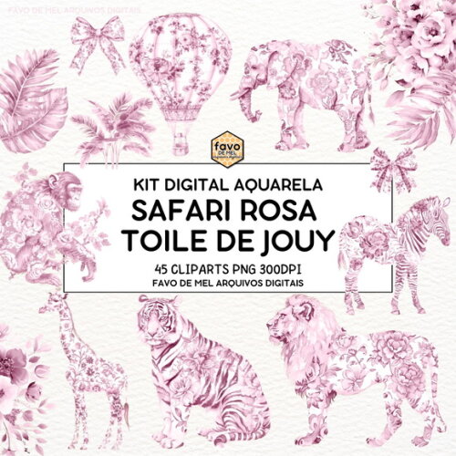 Kit Digital Safari Rosa Toile de Jouy Bebê Minimalista Png