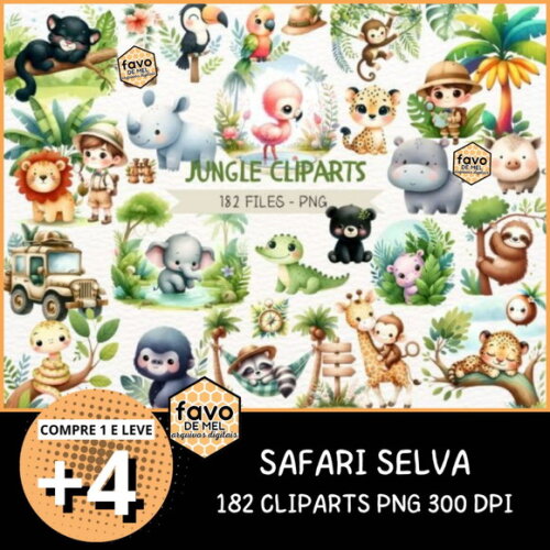 Kit Digital Safari Selva Aquarela - Jungle Cliparts (nca)