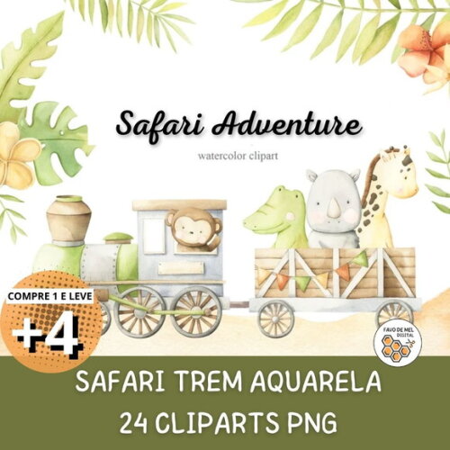 Kit Digital Safari Trem Aquarela - Safari Adventure