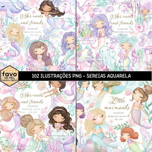 Kit Digital Sereias Aquarela - Combo Ilustrações