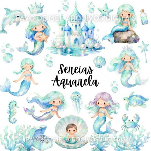 Kit Digital Sereias Aquarela Png