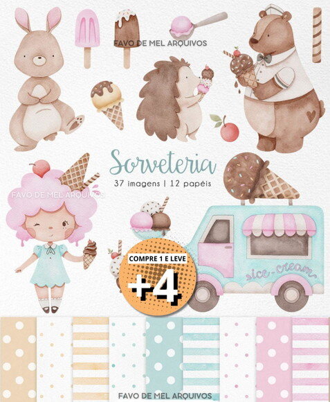 Kit Digital Sorveteria Aquarela Png (pague 1 Leve +4)