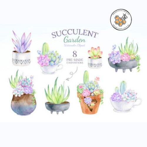 Kit Digital Suculentas Aquarela - Succulent Garden
