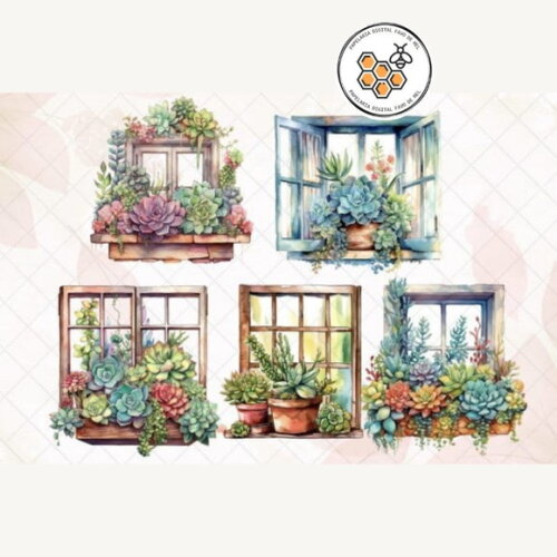 Kit Digital Suculentas na Janela Aquarela - Succulent Window