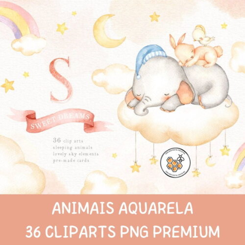 Kit Digital Sweet Dreams - Animais Dormindo Aquarela Premium
