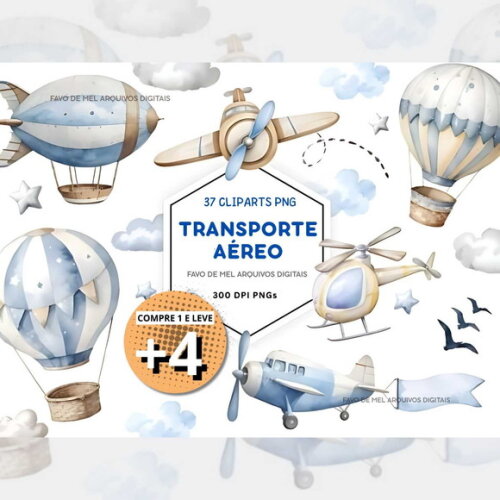 Kit Digital Transporte Aéreo Azul Aquarela Png