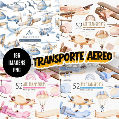 Kit Digital Transporte Aéreo Aquarela - Pack 4 Kits