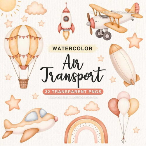 Kit Digital Transporte Aéreo Neutro Aquarela Png Premium