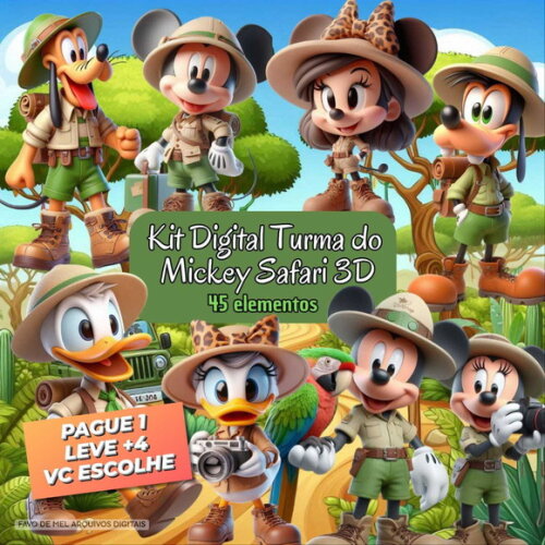 Kit Digital Turma do Mickey Safari 3d Png (pague 1 Leve +4)