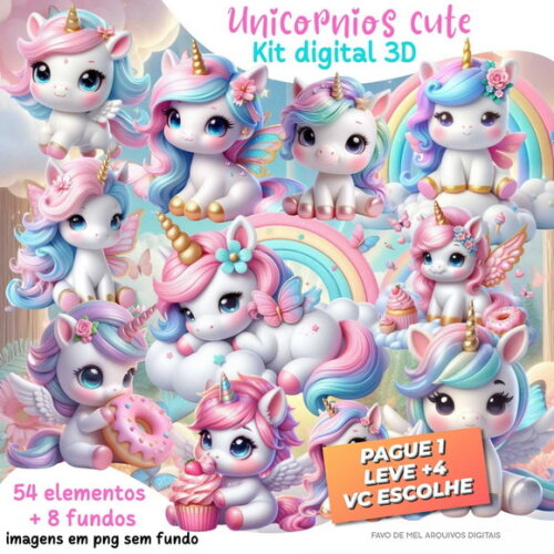 Kit Digital Unicórnio 3d Png (pague 1 Leve +4)