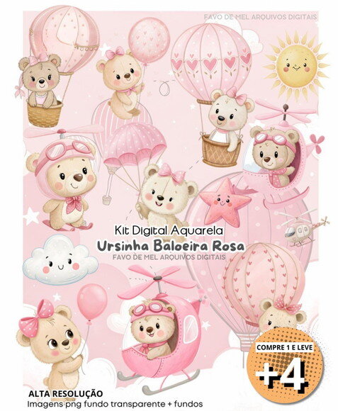 Kit Digital Ursinha Baloeira Rosa (pague 1 Leve +4)