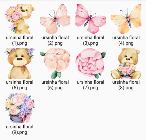 Kit Digital Ursinha com Flores Aquarela - Elementos e Papéis