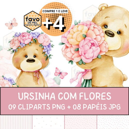 Kit Digital Ursinha com Flores Aquarela - Elementos e Papéis
