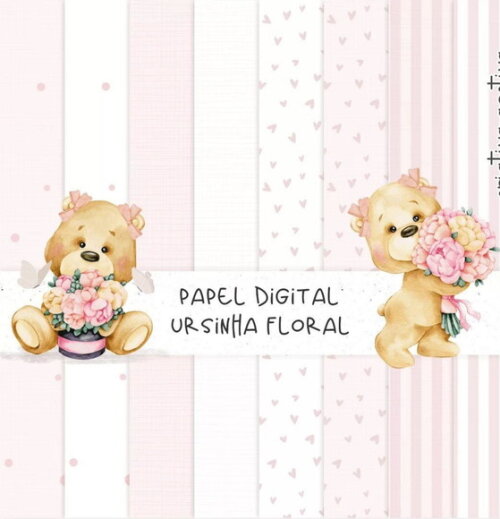 Kit Digital Ursinha com Flores Aquarela - Elementos e Papéis